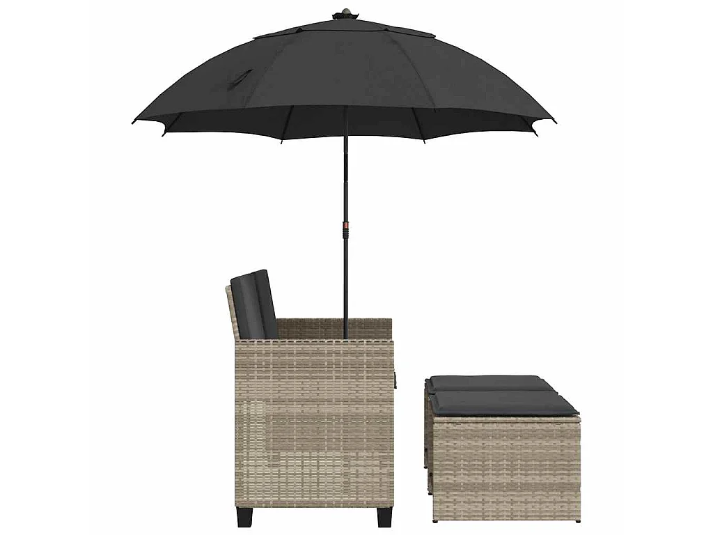 Tuinbank 2-zits parasol en voetenbanken poly rattan lichtgrijs