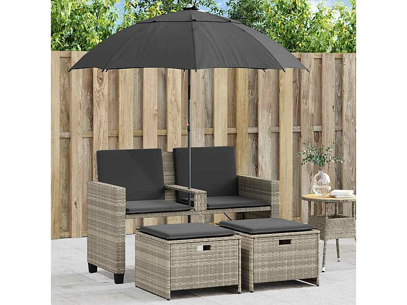 Gartensofa 2-Sitzer Sonnenschirm und Hocker Hellgrau Polyrattan