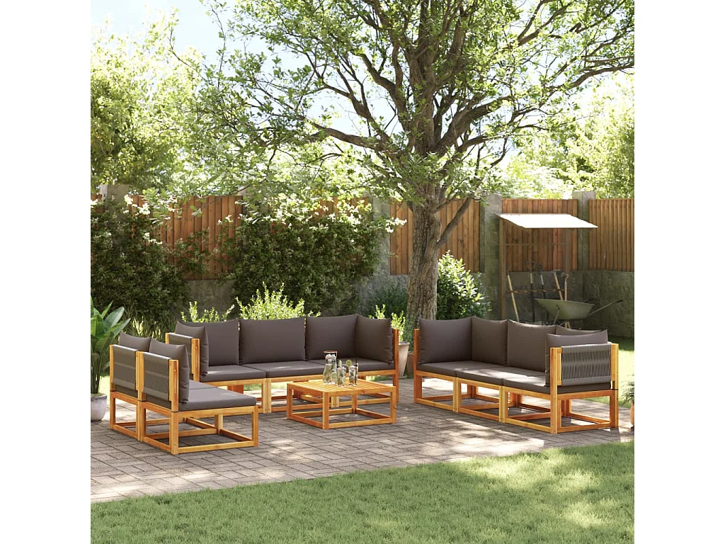 Ensemble de canapés de jardin 9 pièces avec coussins en bois d'acacia et corde