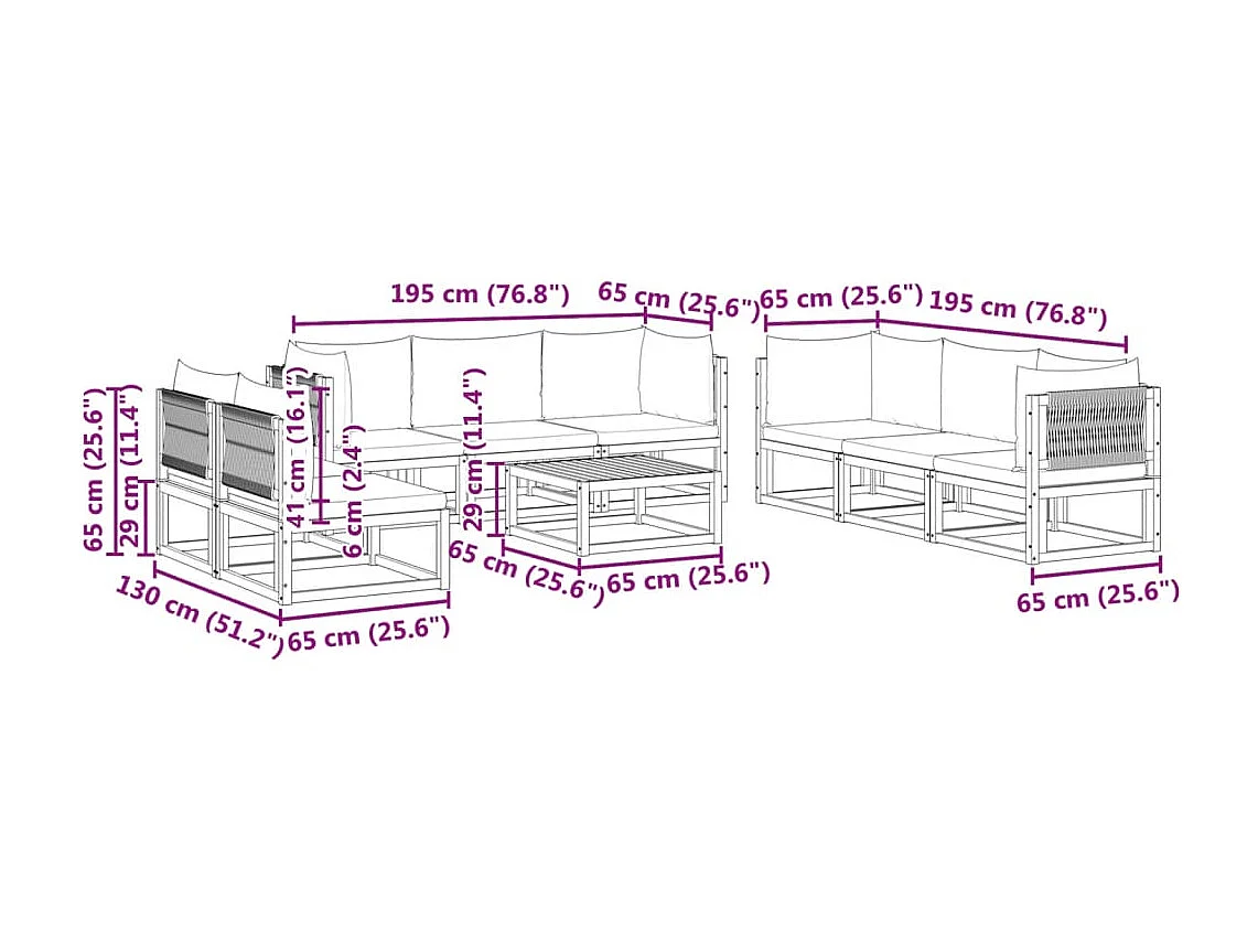 Ensemble de canapés de jardin 9 pièces avec coussins en bois d'acacia et corde
