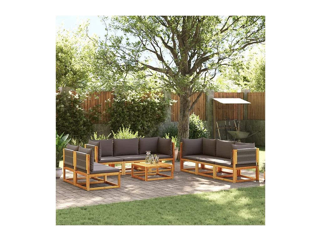 Ensemble de canapés de jardin 9 pièces avec coussins en bois d'acacia et corde