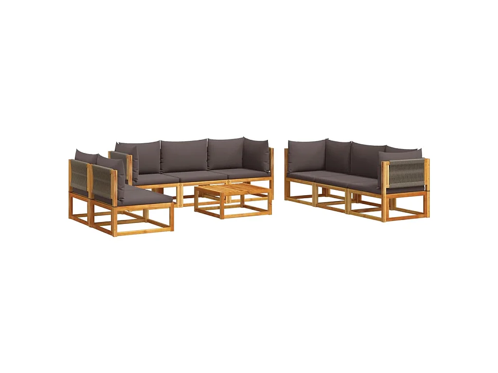 Set di divani da giardino 9 pezzi con cuscini in legno di acacia e corda