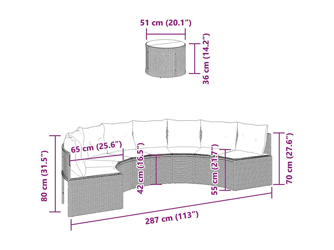 Gartensofa mit Tisch und Kissen Halbrund Schwarz Poly-Rattan