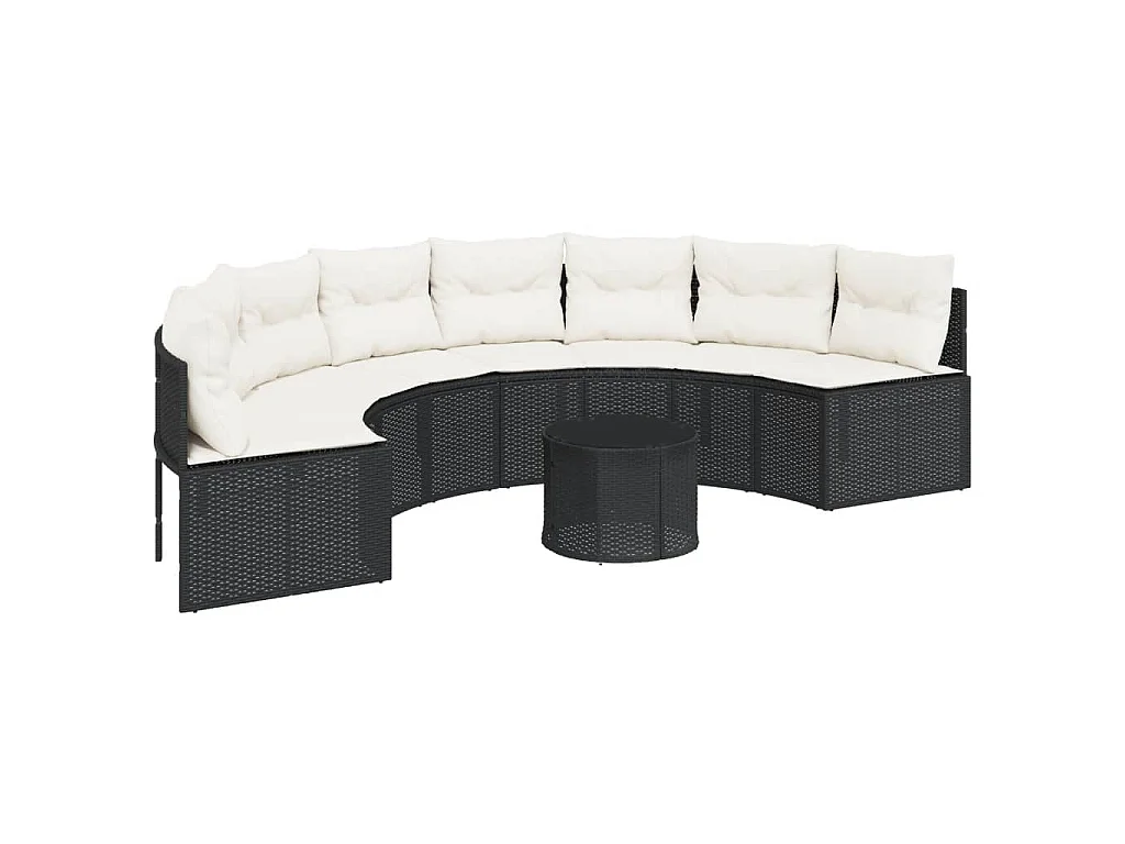 Tuinbank met tafel en kussens halfrond poly rattan zwart