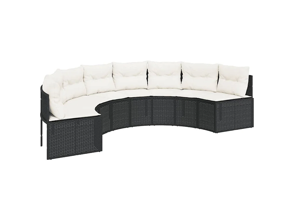 Canapé de jardin table coussins demi-rond noir résine tressée