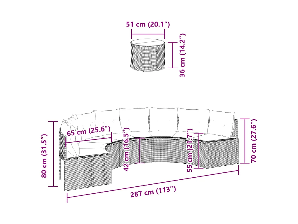 Canapé de jardin table coussins demi-rond noir résine tressée