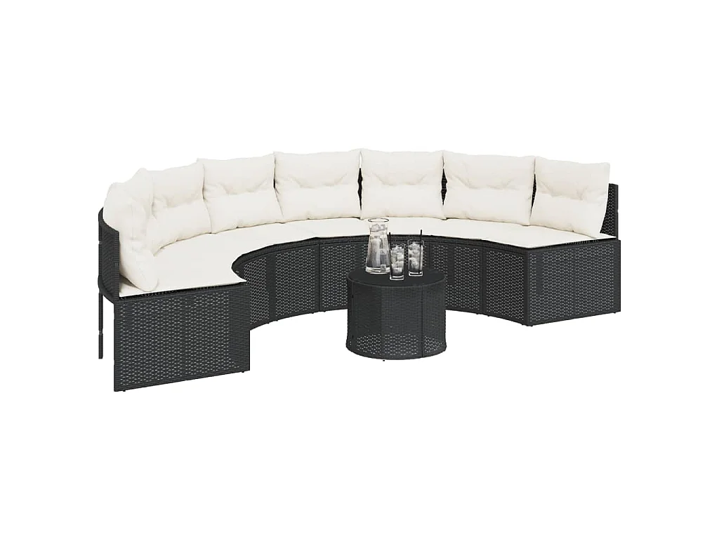 Canapé de jardin table coussins demi-rond noir résine tressée