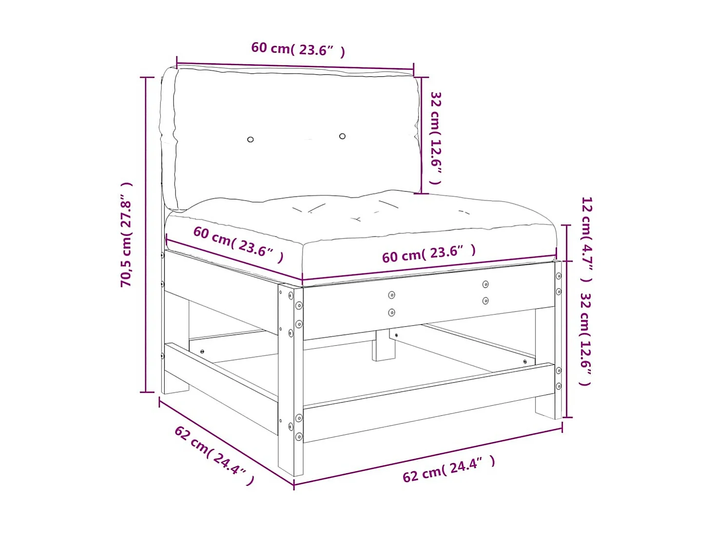 Sofá central con cojines madera de pino impregnada