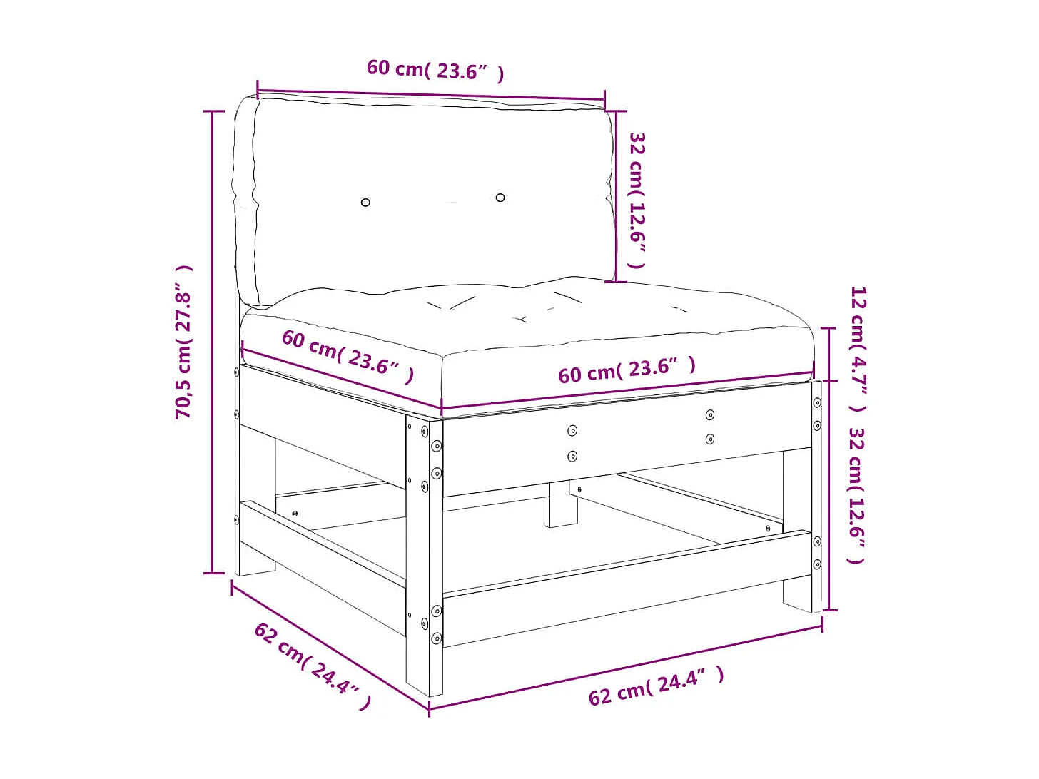 Canapé central avec coussins bois de pin imprégné