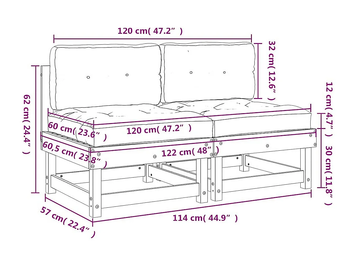 Divani Centrali con Cuscini 2 pz Legno Massello di Pino Grigio