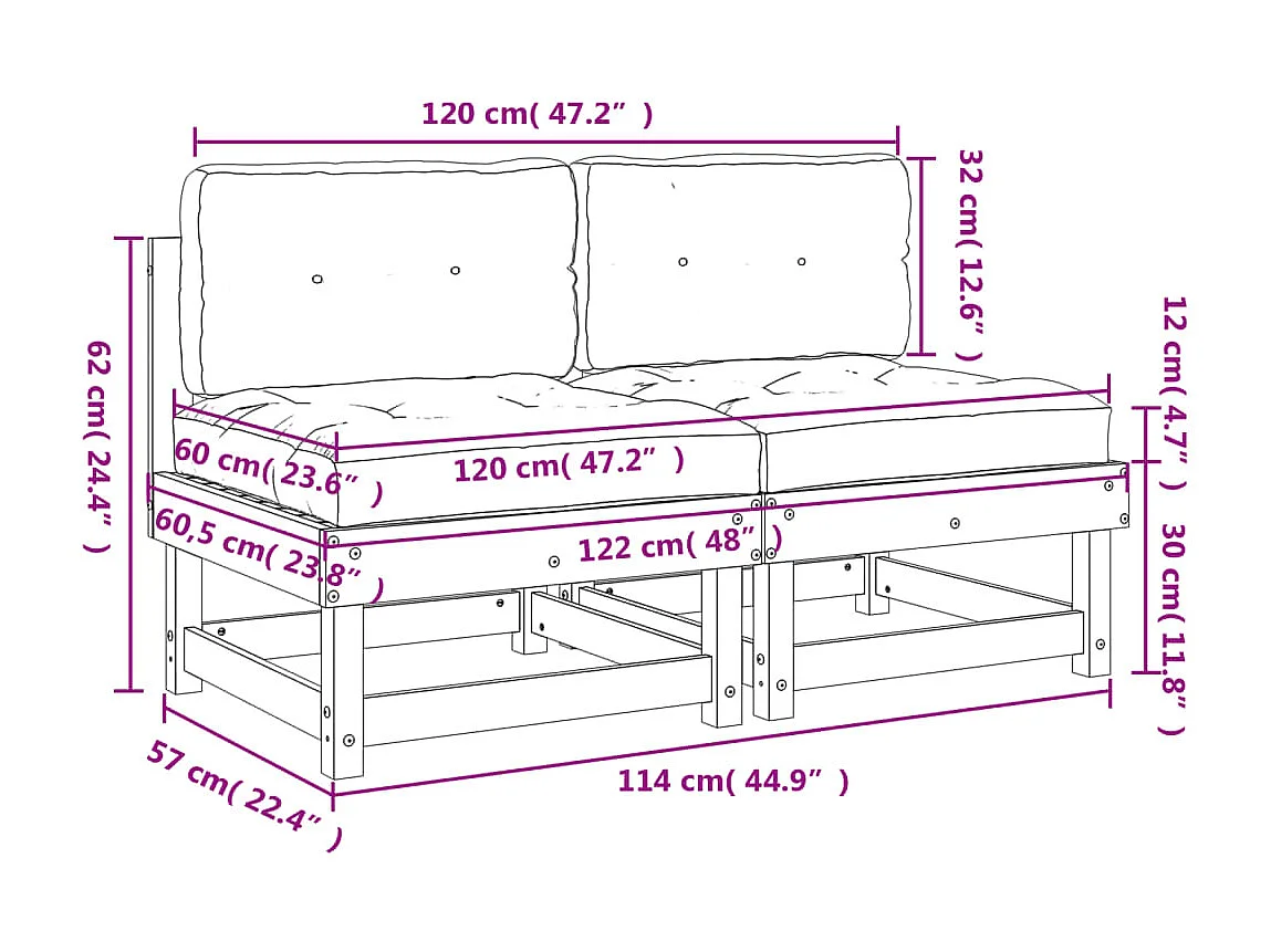 Canapés centraux avec coussins 2 pcs bois de pin massif