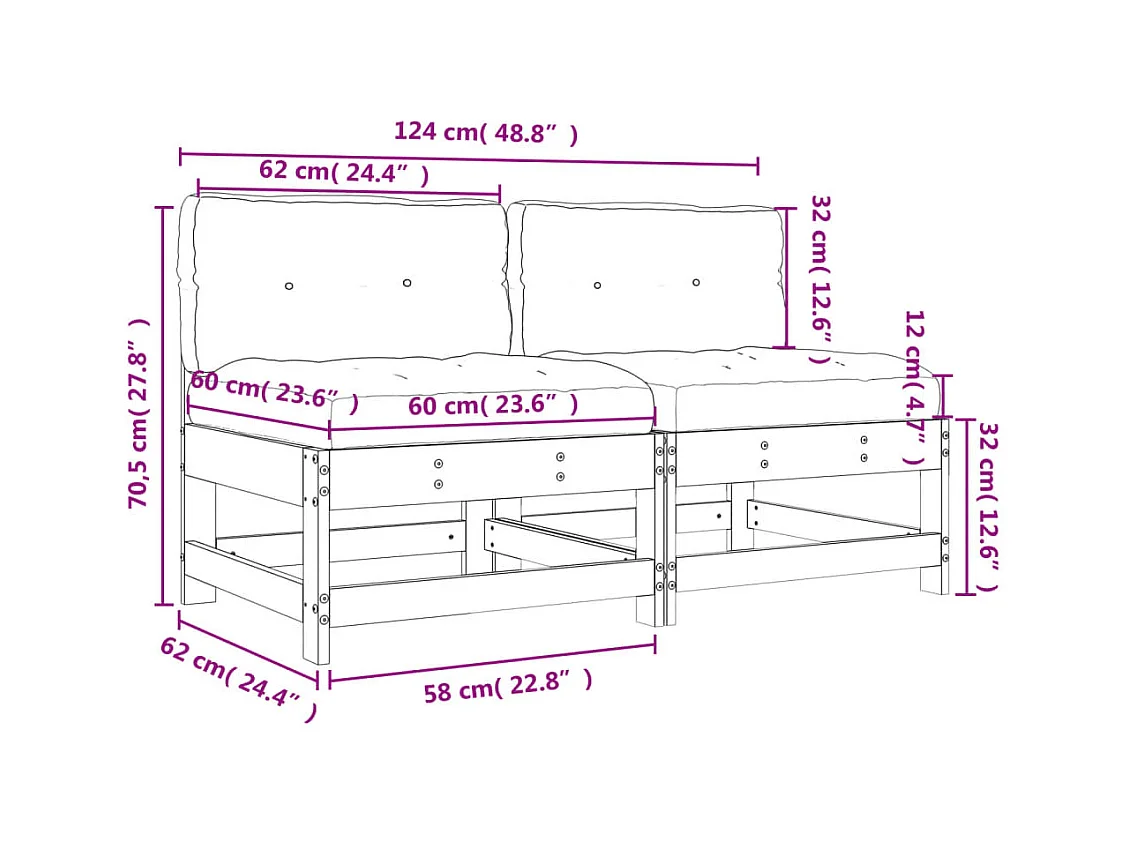 Canapés centraux avec coussins 2 pcs bois de pin imprégné
