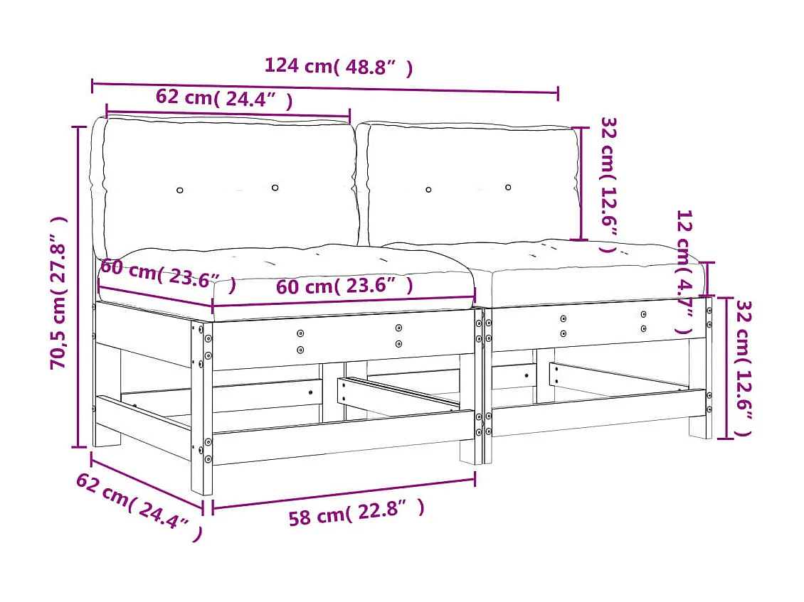 Canapés centraux avec coussins 2 pcs bois de pin imprégné
