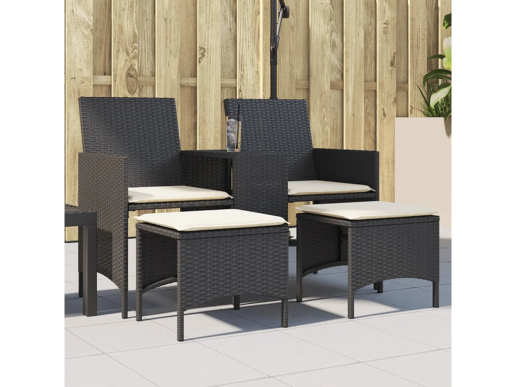 Canapé de jardin 2 places avec table et tabourets noir rotin