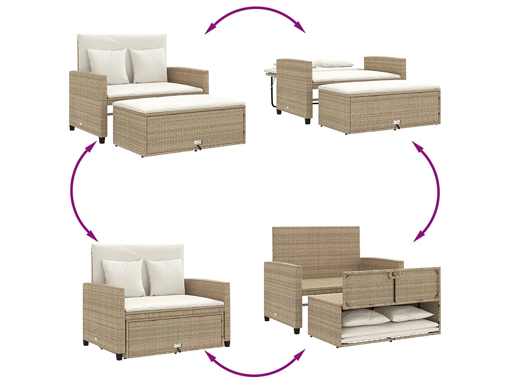 Canapé de jardin avec coussins 2 places beige résine tressée
