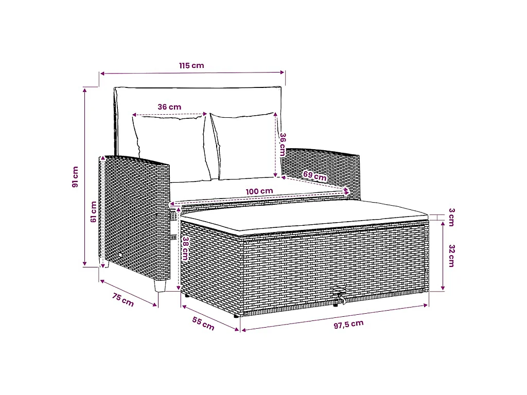 Canapé de jardin avec coussins 2 places beige résine tressée