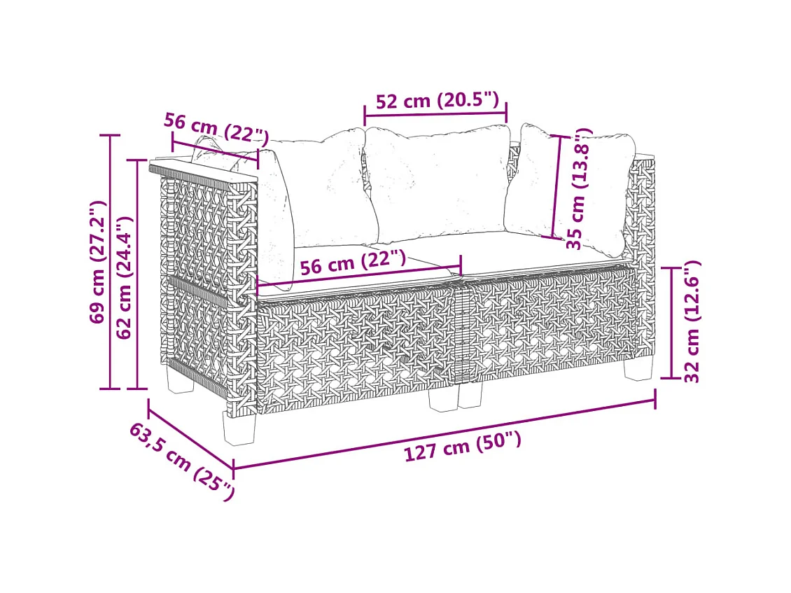 Tuinhoekbanken 2 st met kussens poly rattan grijs