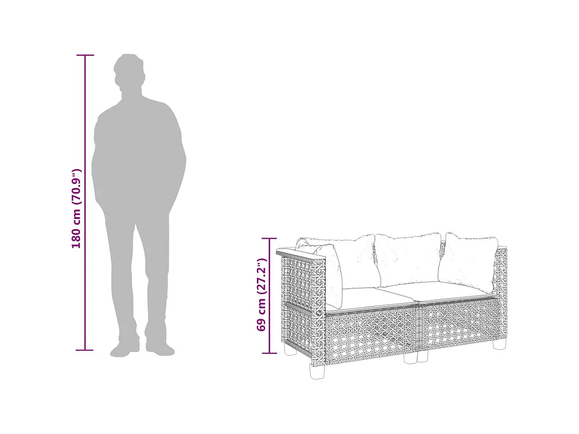 Tuinhoekbanken 2 st met kussens poly rattan grijs