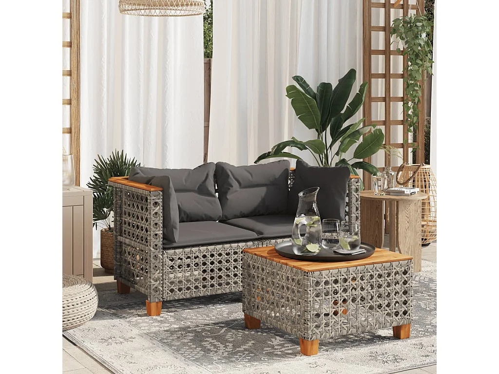 Sofás de canto p/ jardim c/ almofadões 2 pcs vime PE cinzento