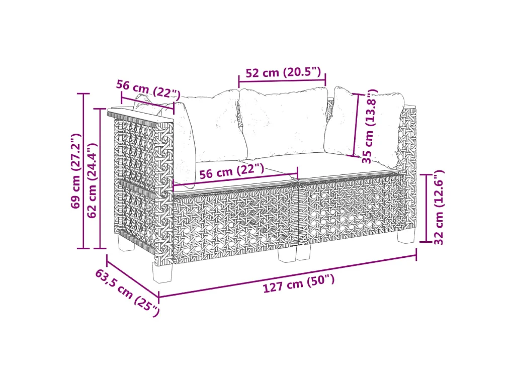 Tuinhoekbanken 2 st met kussens poly rattan grijs