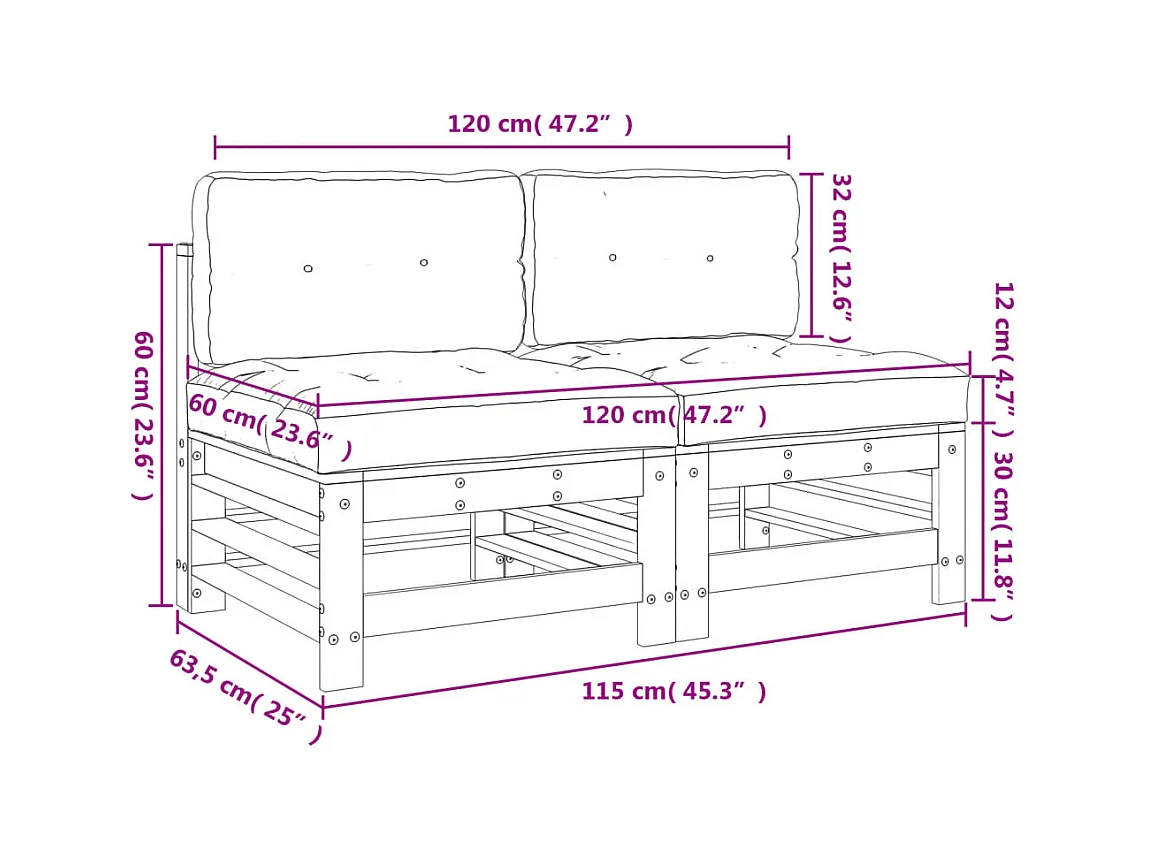 Canapés centraux avec coussins 2 pcs blanc bois de pin massif