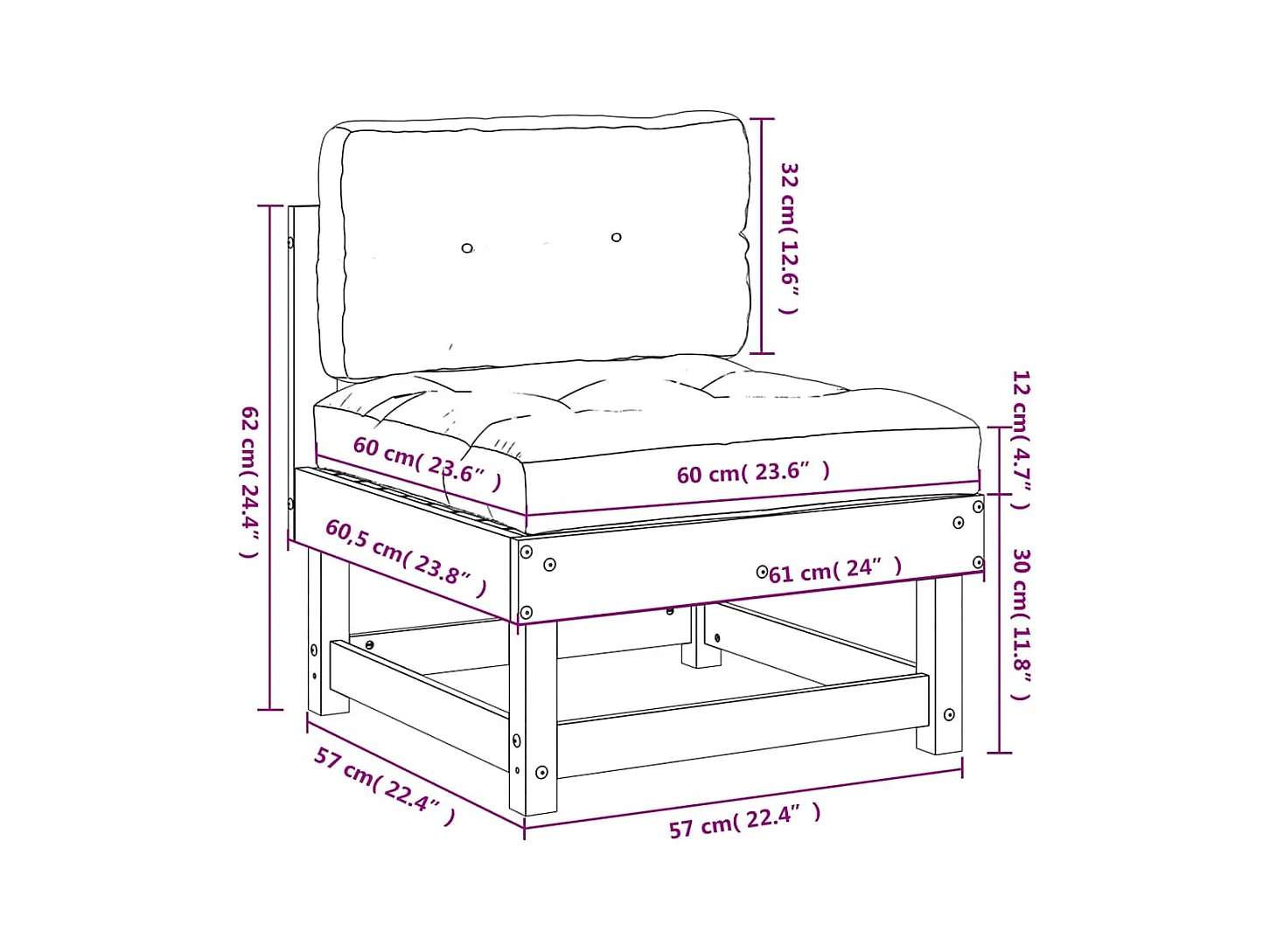 Canapé central avec coussins gris bois de pin massif