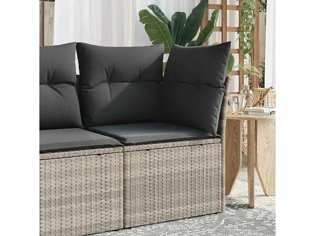 Canapé d'angle de jardin et coussins gris clair résine tressée