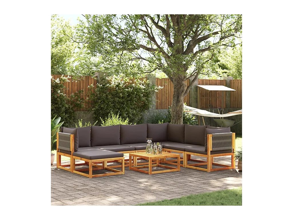 Ensemble de canapés de jardin 8 pièces avec coussins en bois d'acacia et corde