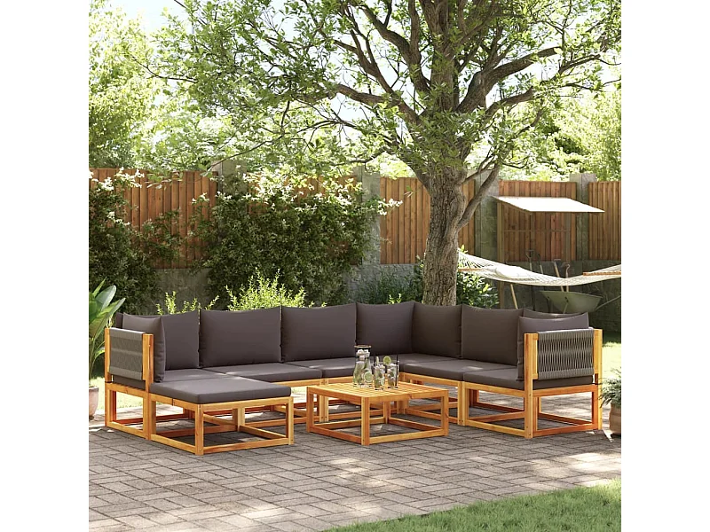 Ensemble de canapés de jardin 8 pièces avec coussins en bois d'acacia et corde