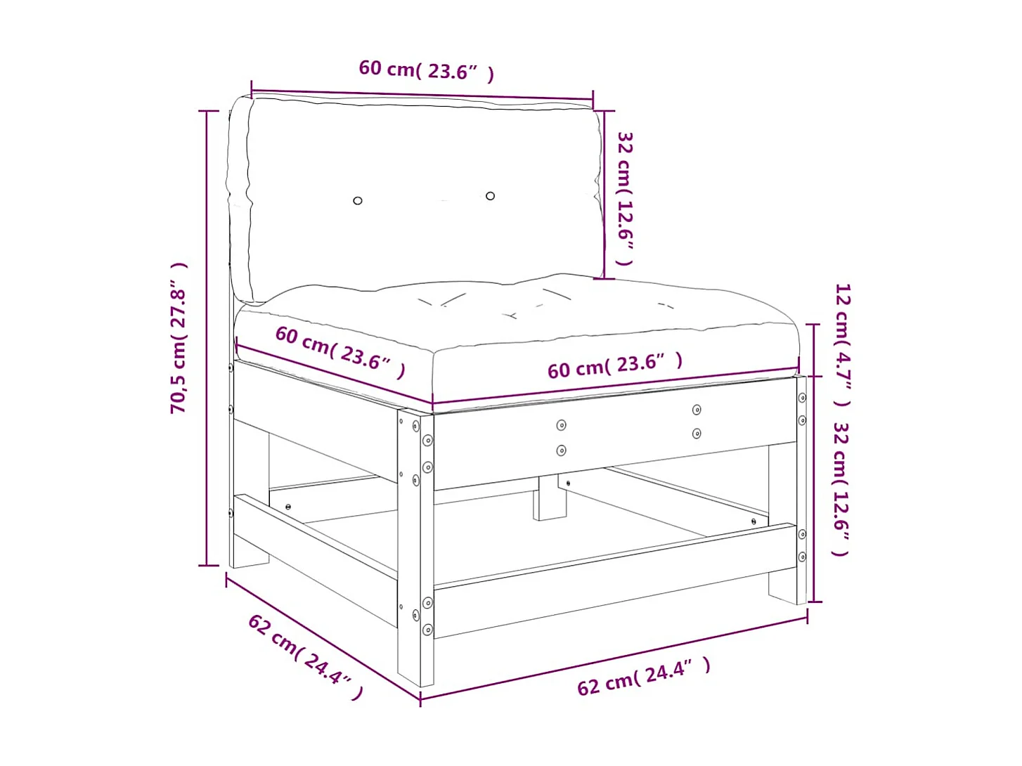 Canapé central avec coussins gris bois de pin massif