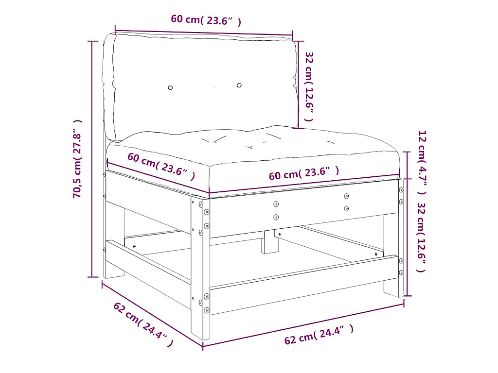 Middenbank met kussens massief grenenhout grijs