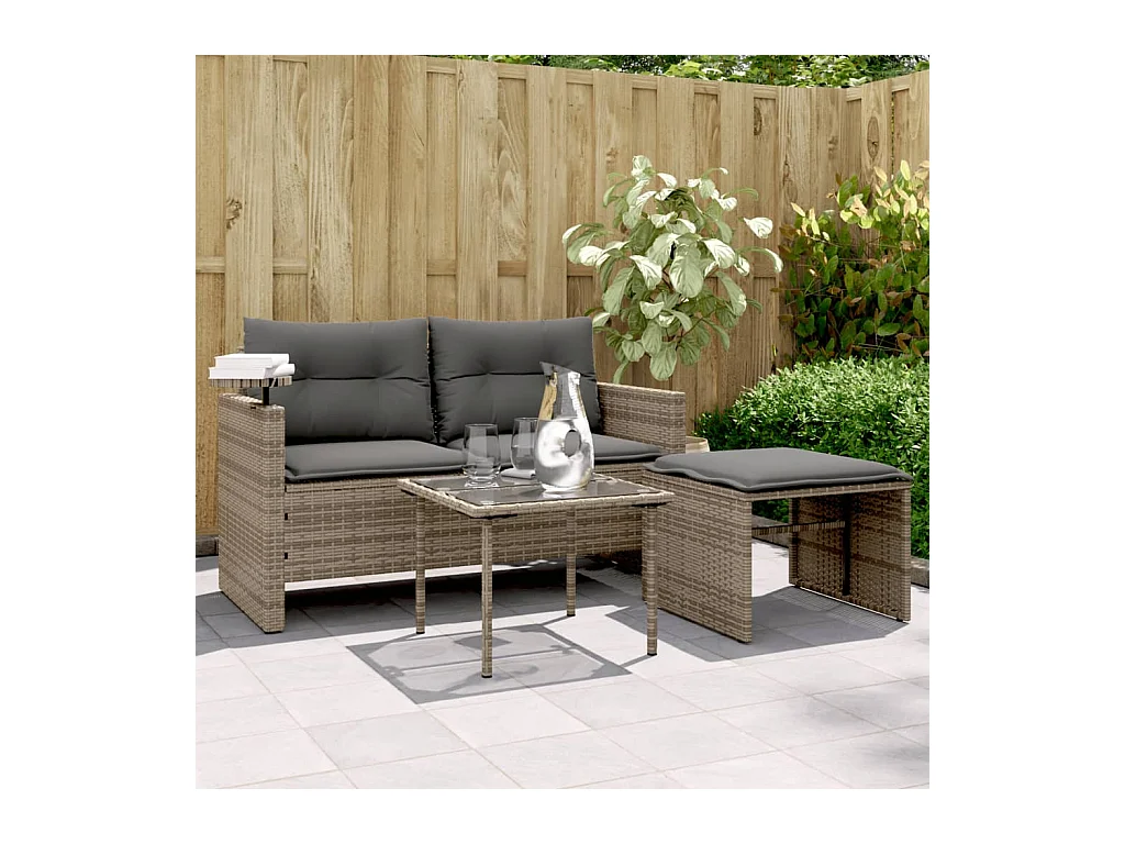 Salon de jardin avec coussins 3 pcs gris résine tressée