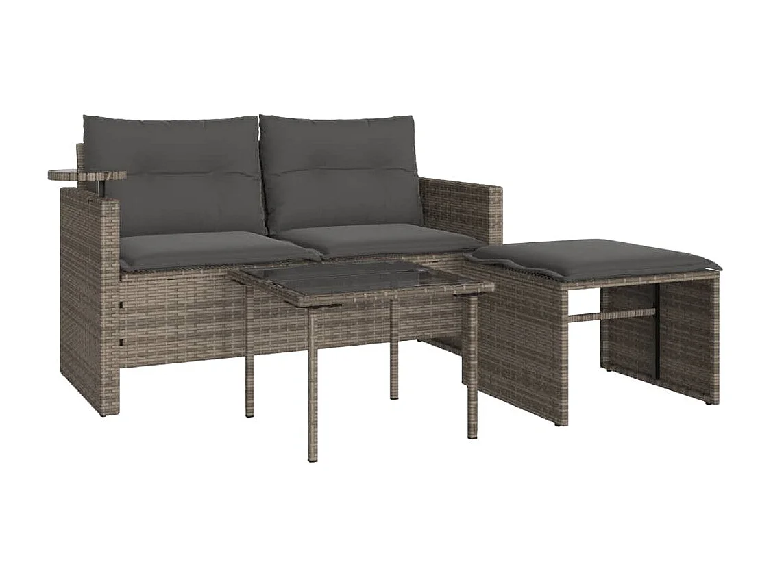 Salon de jardin avec coussins 3 pcs gris résine tressée