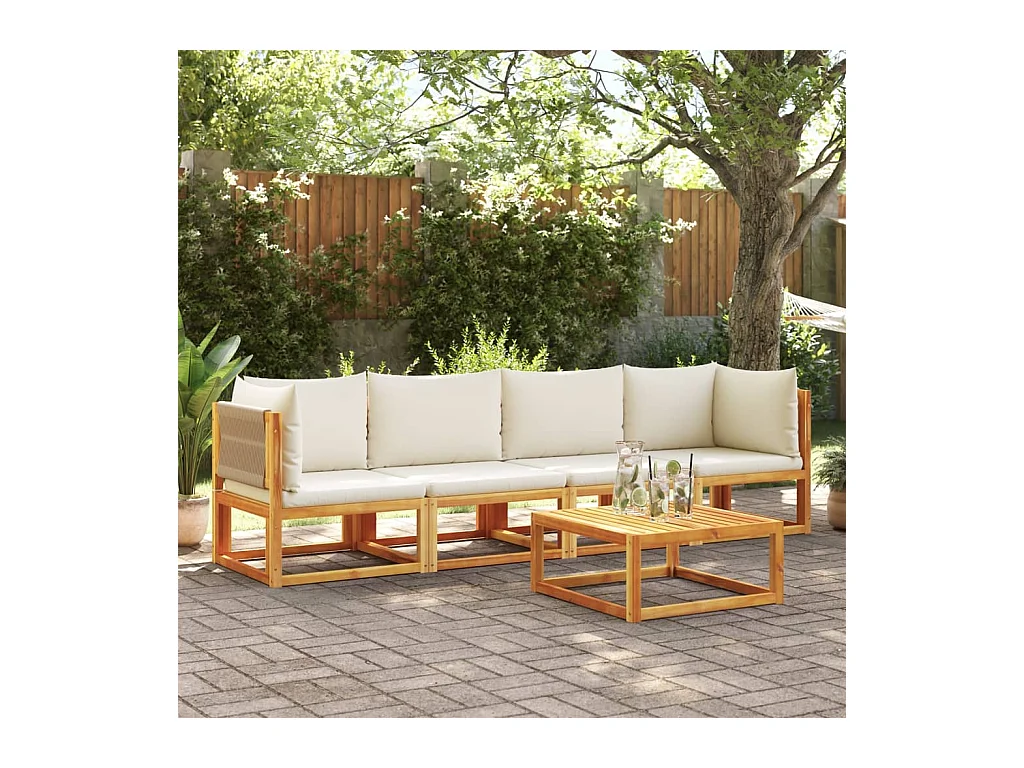 Ensemble de canapés de jardin 4 pièces avec coussins en bois d'acacia et corde