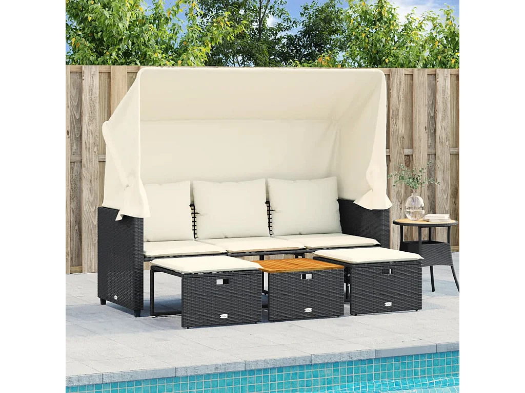 Canapé de jardin 3 places avec auvent et tabourets noir rotin