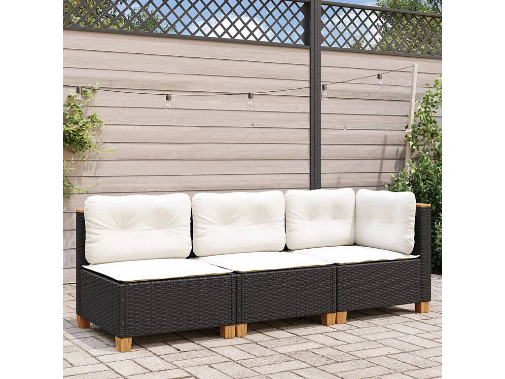 Canapé de jardin avec coussins 3 places noir résine tressée