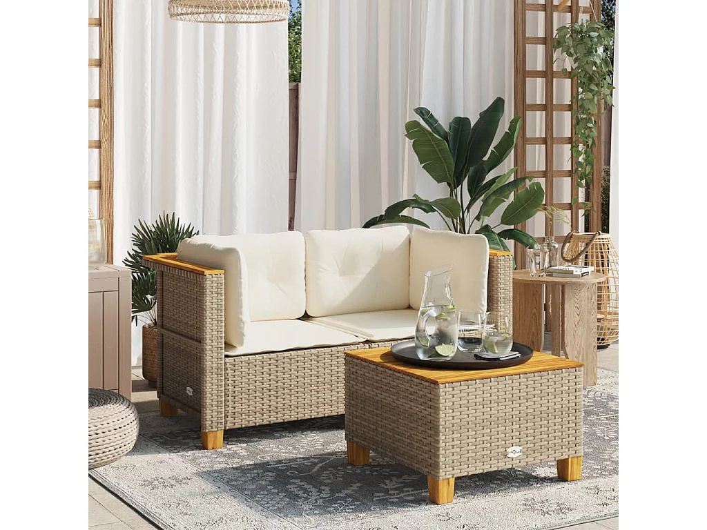 Sofás de canto para jardim com almofadões 2 pcs vime PE bege