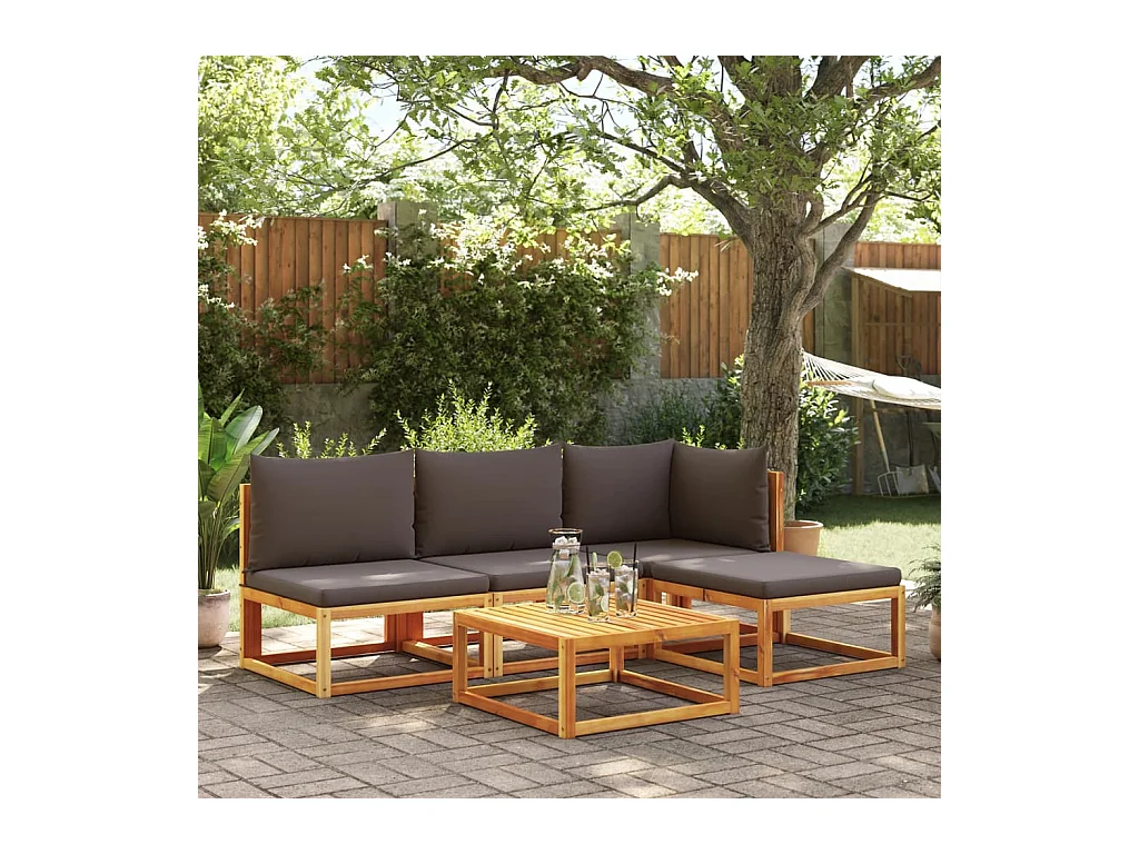 Ensemble de canapés de jardin 5 pièces avec coussins en bois d'acacia et corde