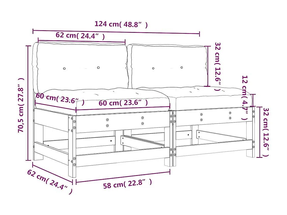 Mittelsofas mit Kissen 2 Stk. Weiß Massivholz Kiefer