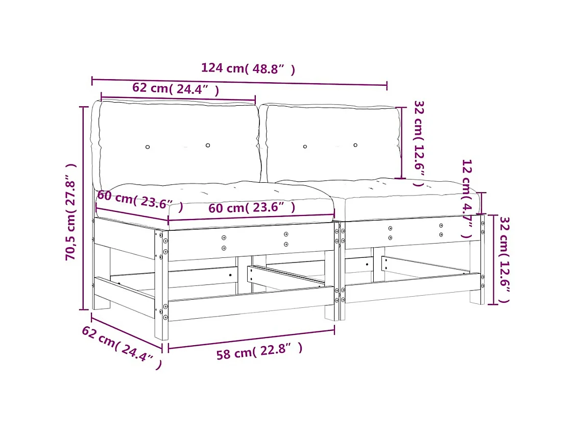 Canapés centraux avec coussins 2 pcs blanc bois de pin massif