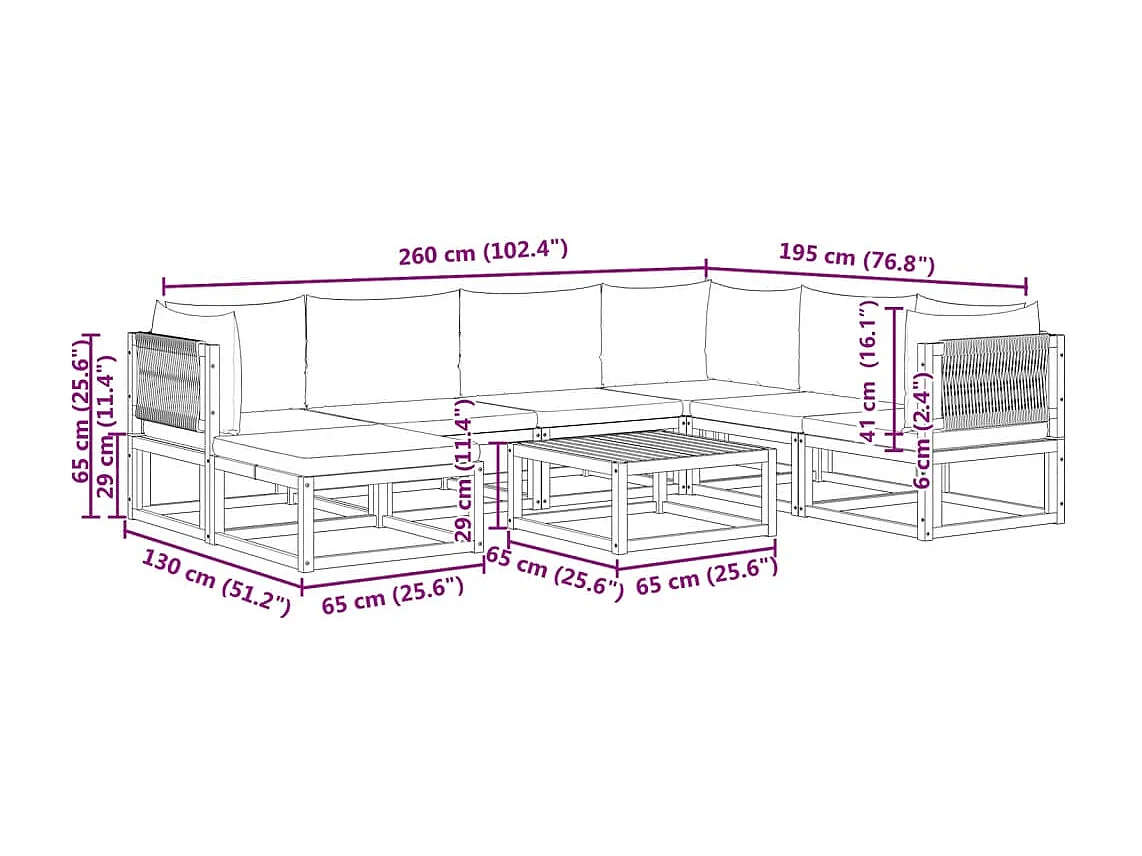8-delige tuinbankset met kussens van acaciahout en touw