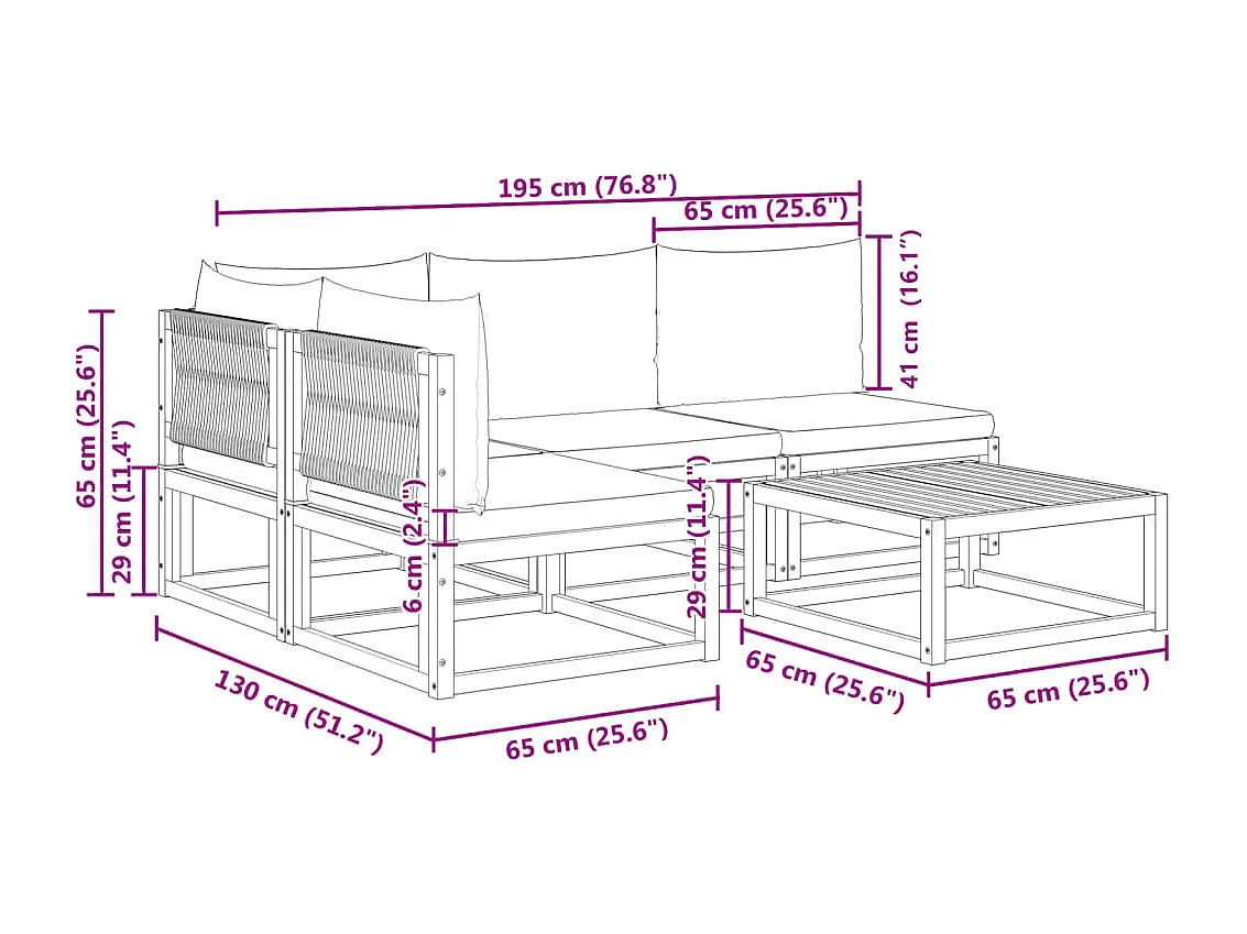 Ensemble de canapés de jardin 5 pièces avec coussins en bois d'acacia et corde