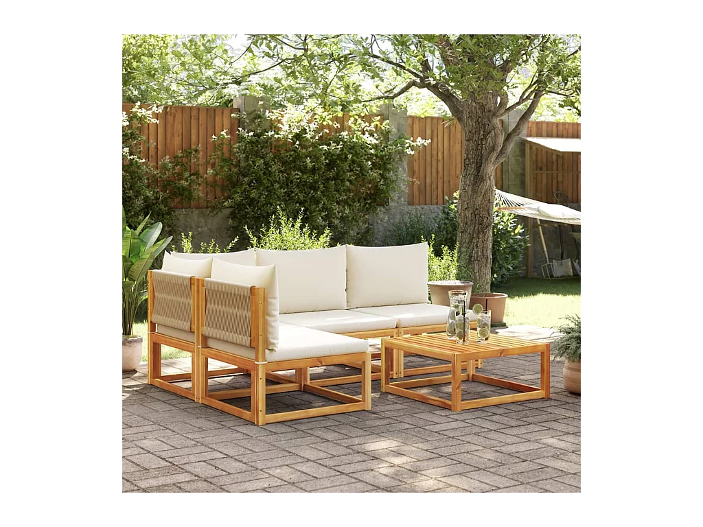 Ensemble de canapés de jardin 5 pièces avec coussins en bois d'acacia et corde