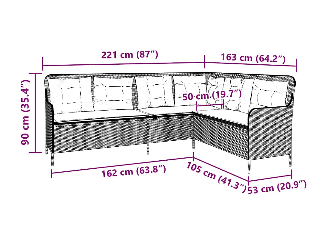 Tuinbank met kussens L-vormig poly rattan zwart