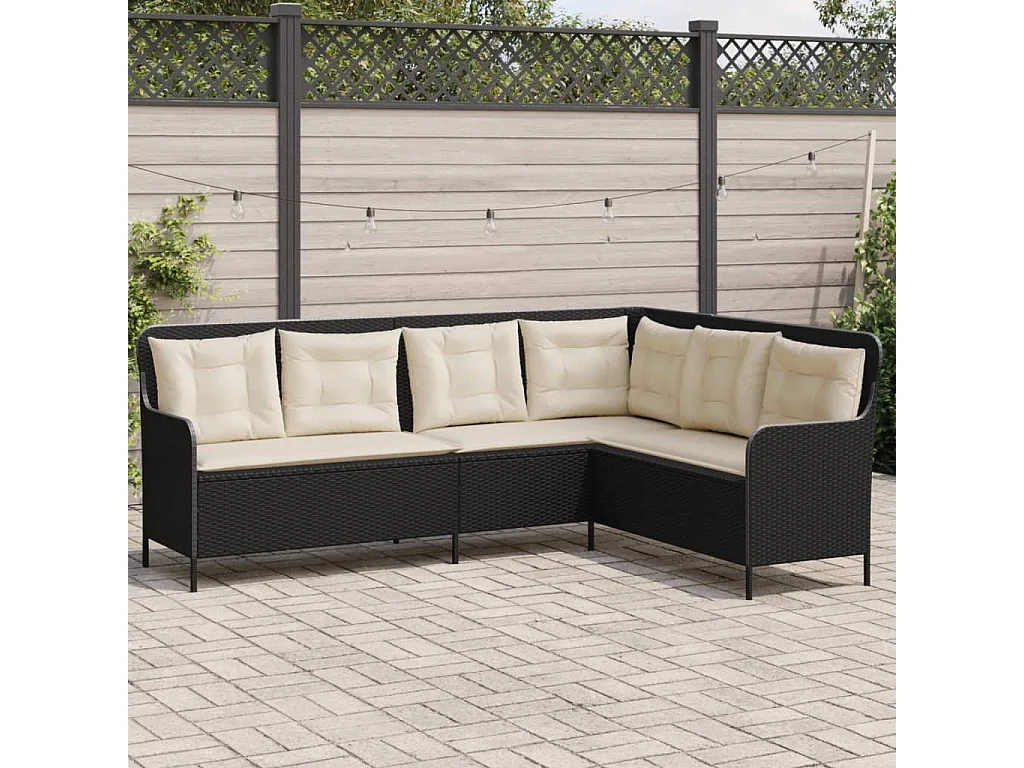 Canapé de jardin et coussins en forme de L noir résine tressée