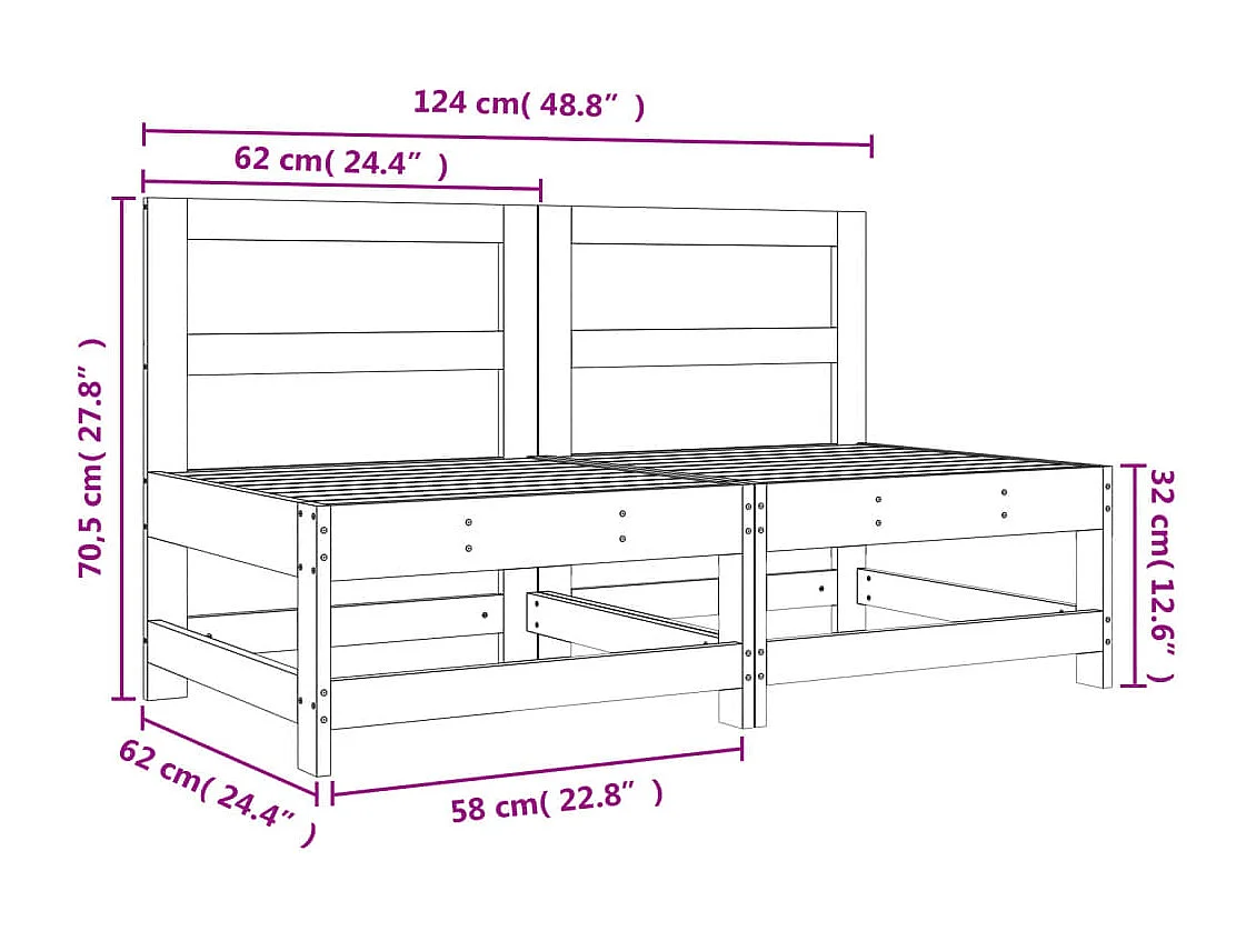 Canapés centraux de jardin 2 pcs bois de pin imprégné
