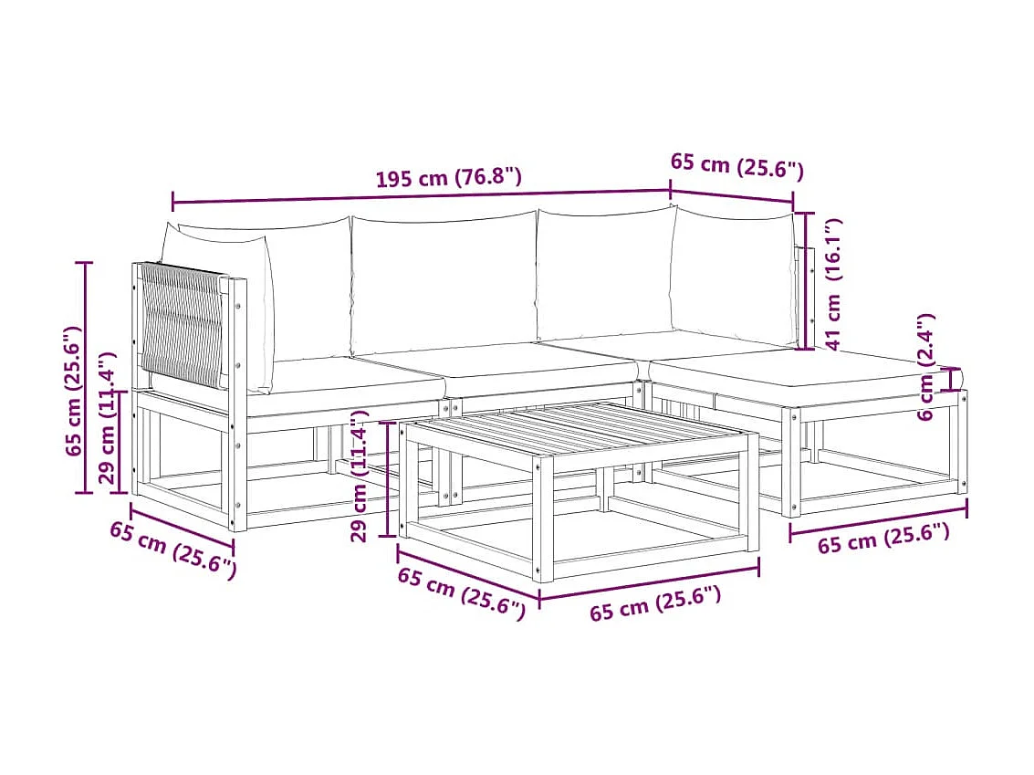 Ensemble de canapés de jardin 5 pièces avec coussins en bois d'acacia et corde
