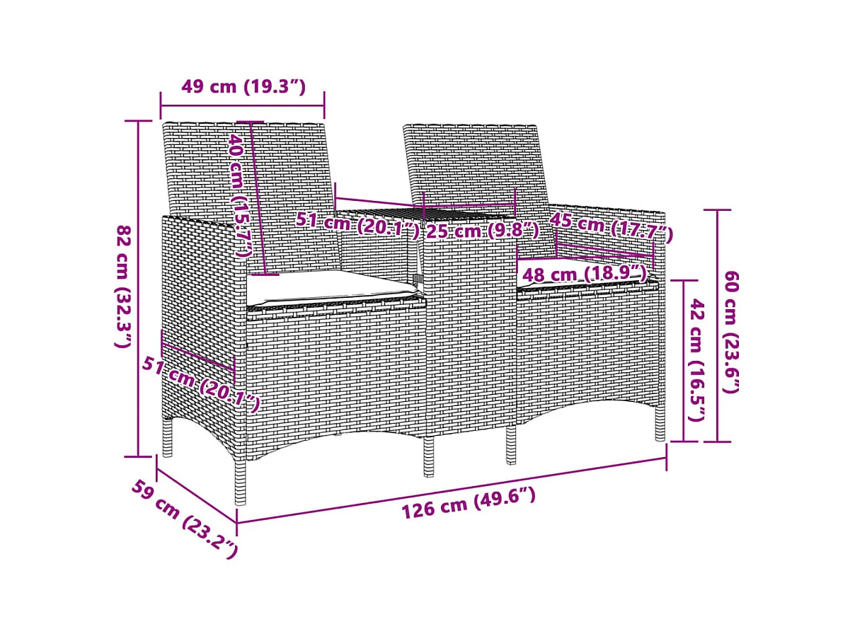 Tuinbank 2-zits met tafel en kussens poly rattan bruin