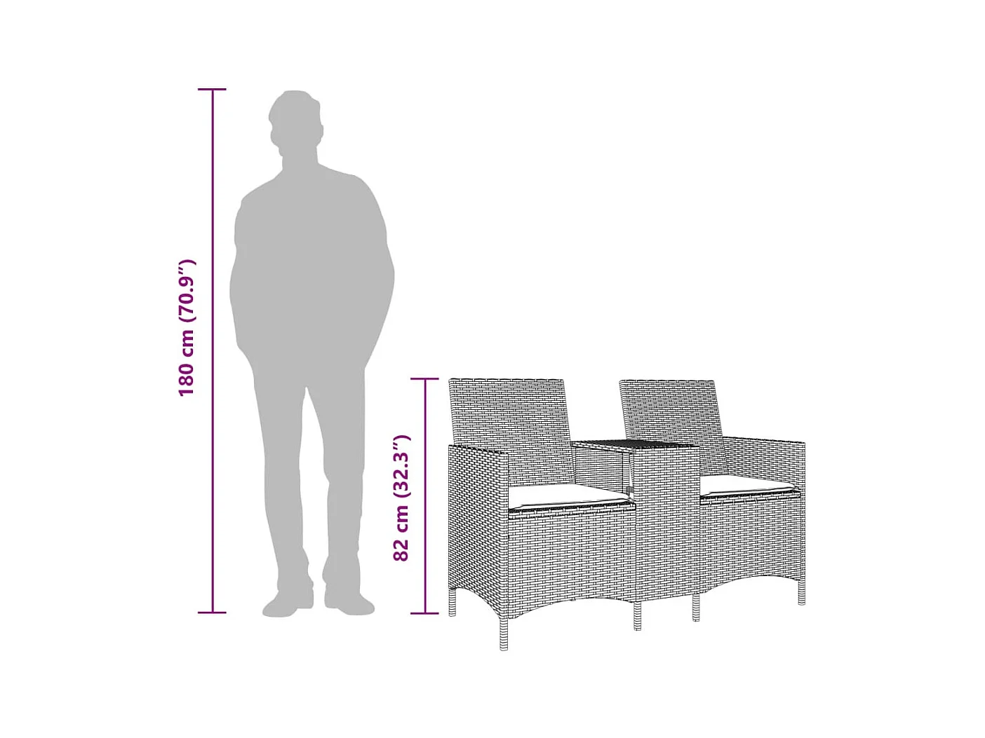 Tuinbank 2-zits met tafel en kussens poly rattan bruin
