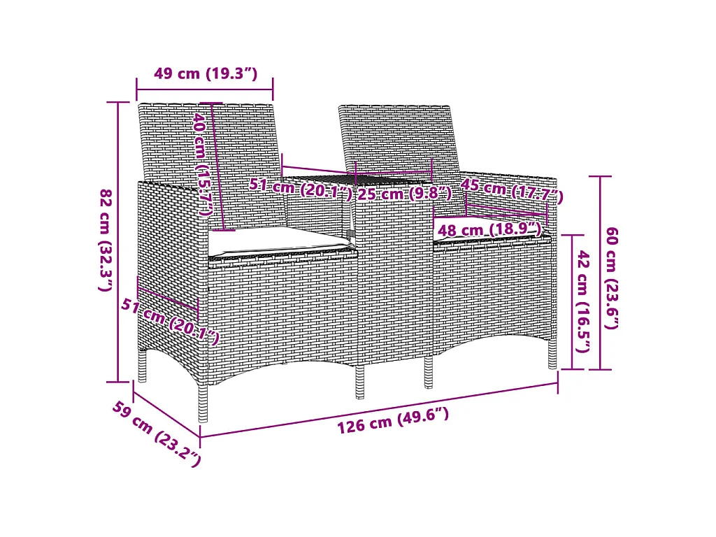 Canapé de jardin 2 places avec table et coussins résine tressée